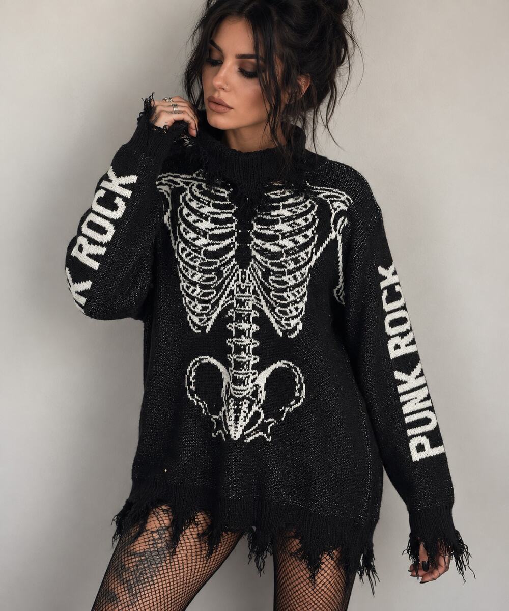 Skeleton Sweater Black White Distressed Punk Rock Gothic Medium Halloween Emo